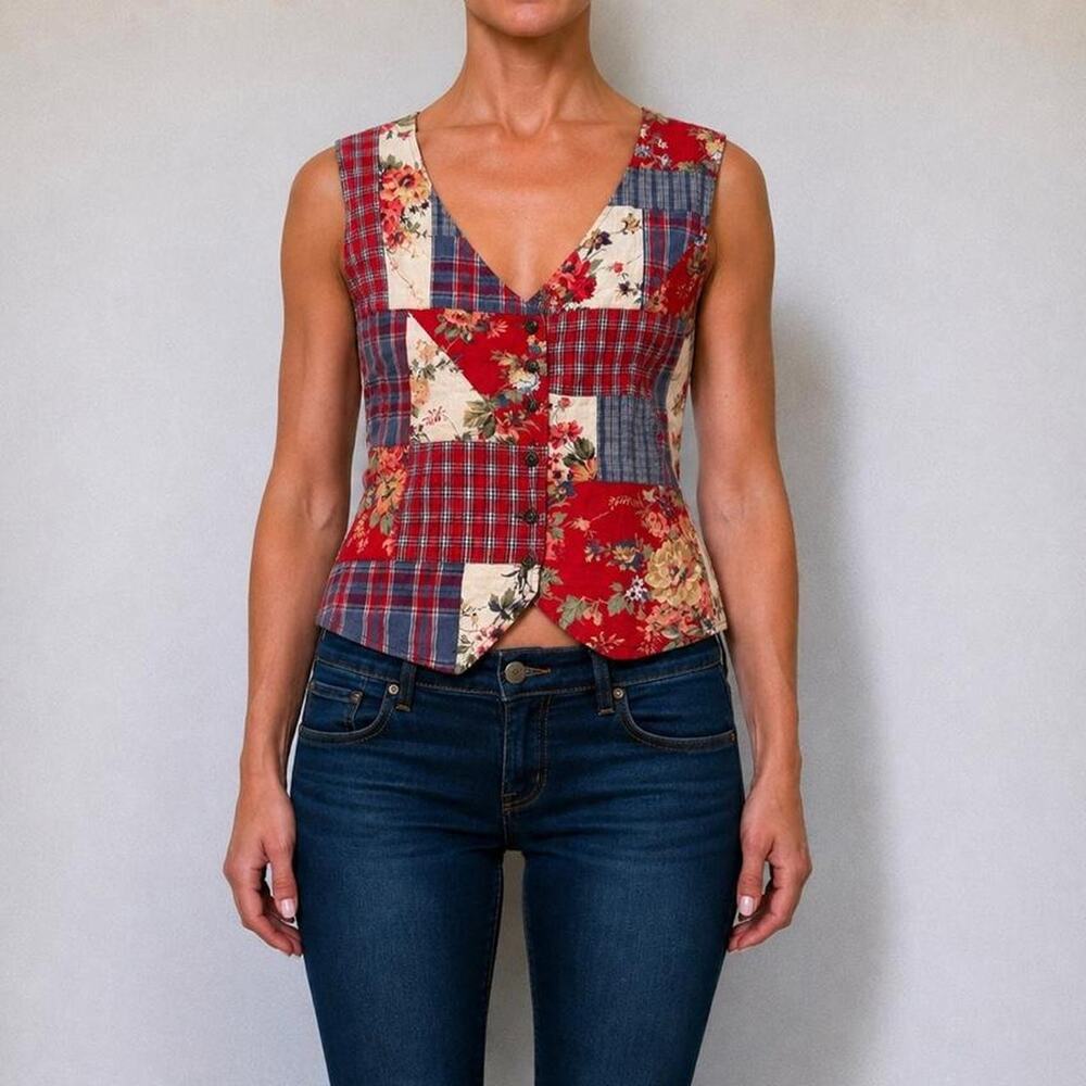 Vintage Koret 90s Americana Denim Patchwork Quilted Floral Vest Size 24W L/XL